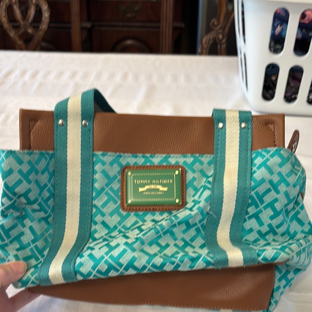 EUC Tommy Hilfiger Teal and Brown Women's Bag